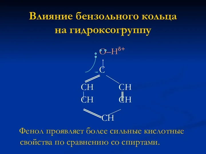 Влияние бензольного кольца на гидроксогруппу О–Нδ+ С СН СН СН