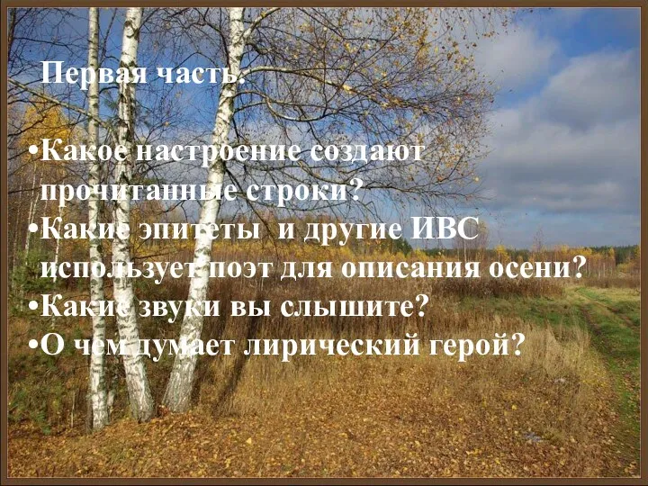 Первая часть. Какое настроение создают прочитанные строки? Какие эпитеты и