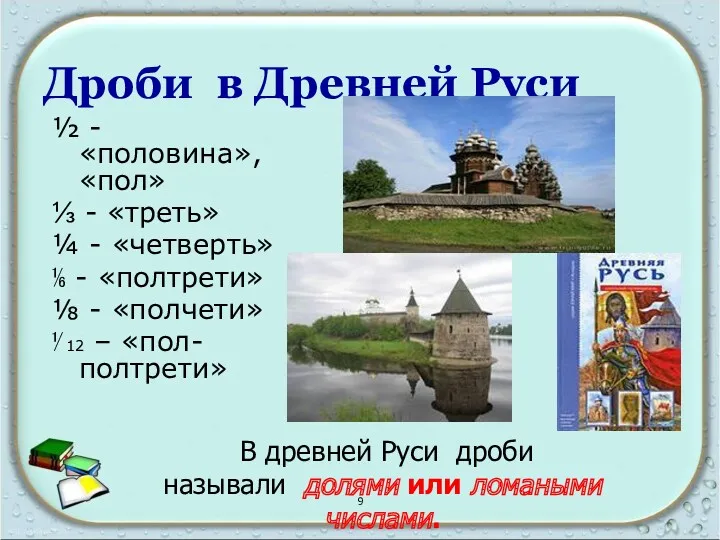 Дроби в Древней Руси ½ - «половина», «пол» ⅓ -