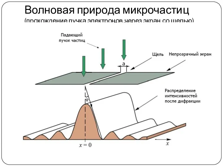 Волновая природа микрочастиц (прохождение пучка электронов через экран со щелью)