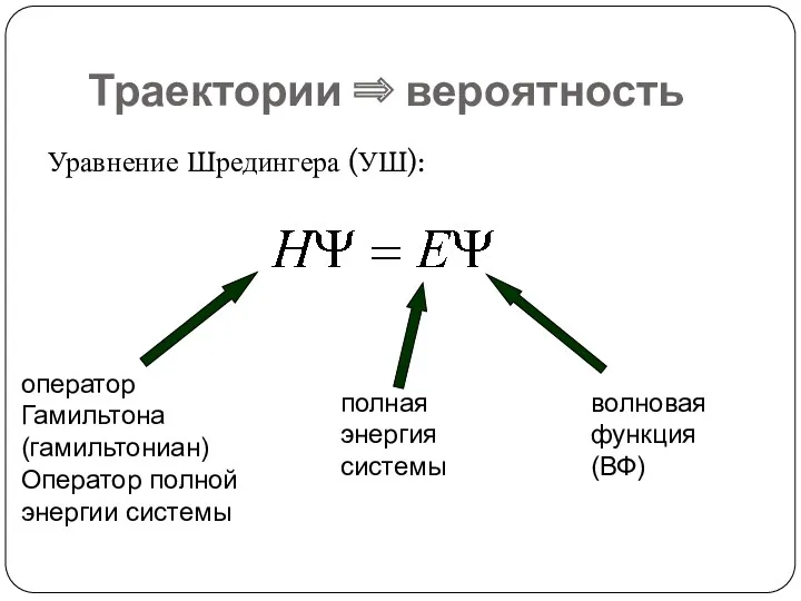 Траектории ⇒ вероятность Уравнение Шредингера (УШ): оператор Гамильтона (гамильтониан) Оператор