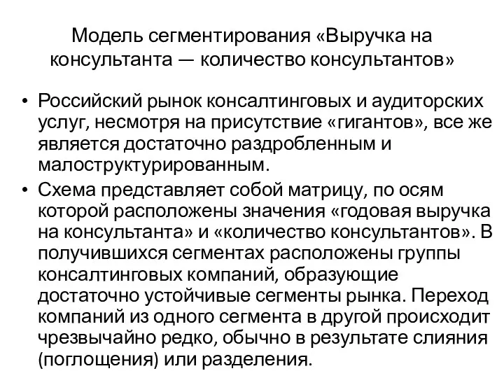 Модель сегментирования «Выручка на консультанта — количество консультантов» Российский рынок