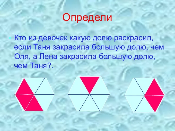 Определи Кто из девочек какую долю раскрасил, если Таня закрасила