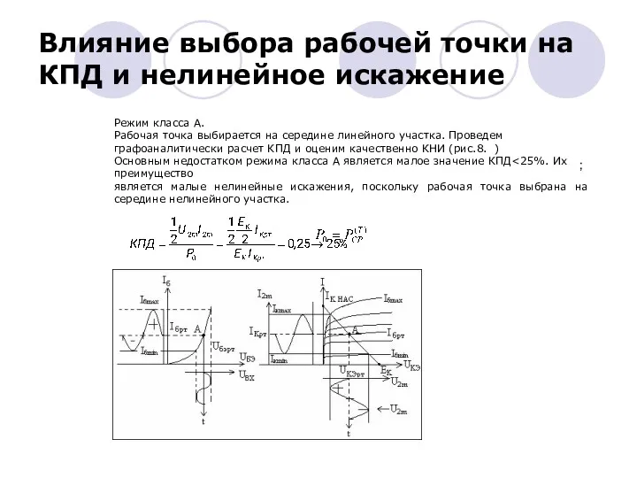 Влияние выбора рабочей точки на КПД и нелинейное искажение ;