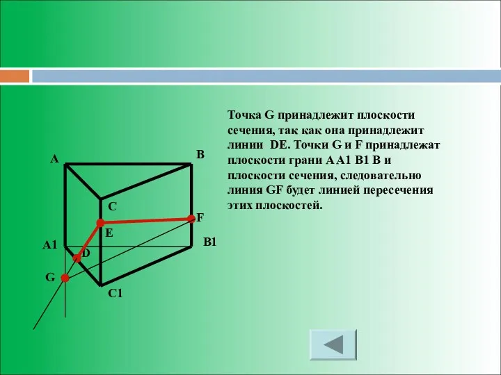 Точка G принадлежит плоскости сечения, так как она принадлежит линии