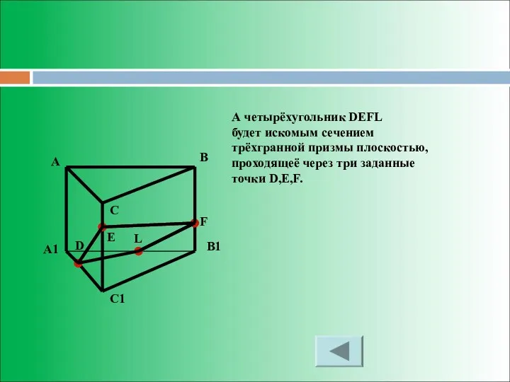 А четырёхугольник DEFL будет искомым сечением трёхгранной призмы плоскостью, проходящеё