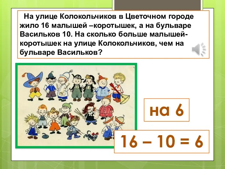 На улице Колокольчиков в Цветочном городе жило 16 малышей –коротышек,