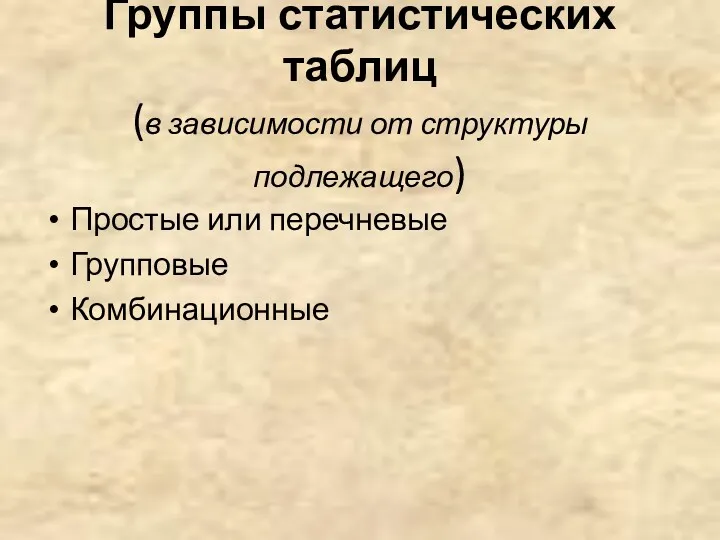 Группы статистических таблиц (в зависимости от структуры подлежащего) Простые или перечневые Групповые Комбинационные