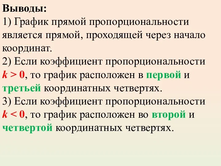 Выводы: 1) График прямой пропорциональности является прямой, проходящей через начало