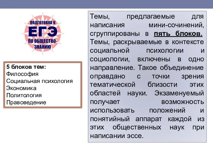 Темы, предлагаемые для написания мини-сочинений, сгруппированы в пять блоков. Темы,