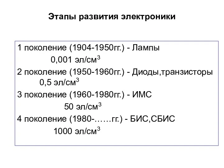 Этапы развития электроники 1 поколение (1904-1950гг.) - Лампы 0,001 эл/см3 2 поколение (1950-1960гг.)