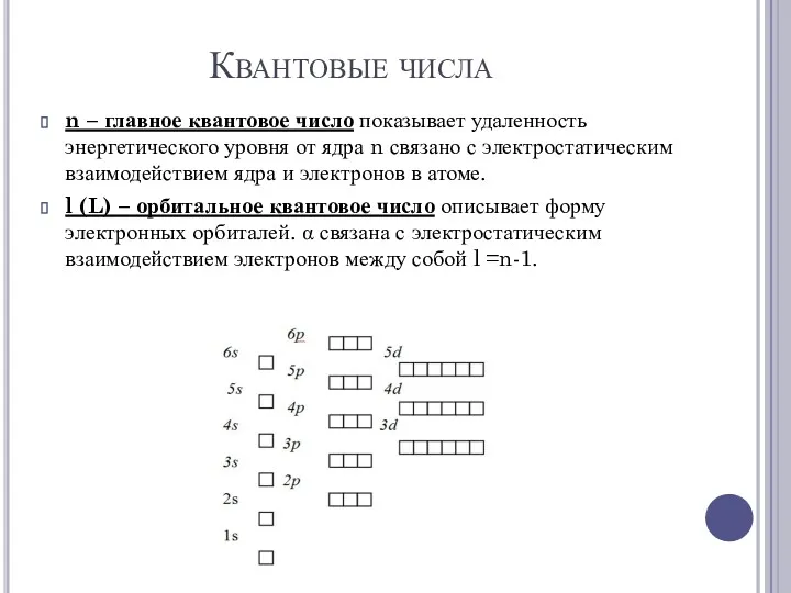 Квантовые числа n – главное квантовое число показывает удаленность энергетического уровня от ядра