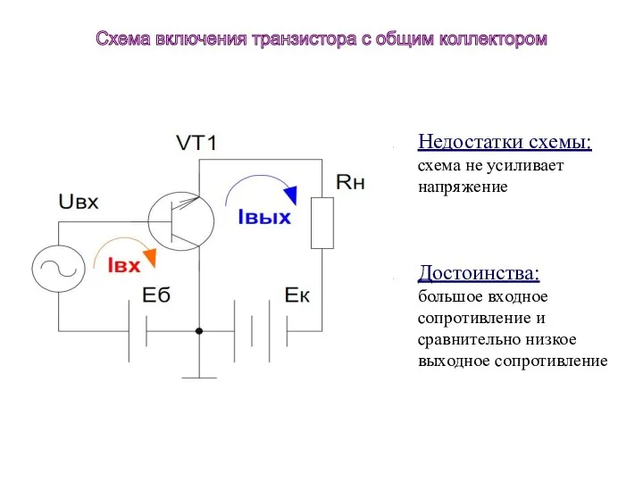 Недостатки схемы: схема не усиливает напряжение Достоинства: большое входное сопротивление