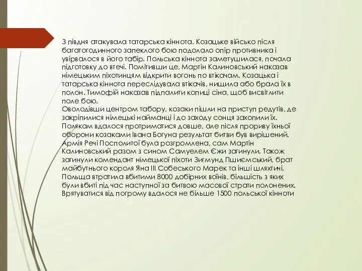 З півдня атакувала татарська кіннота. Козацьке військо після багатогодинного запеклого