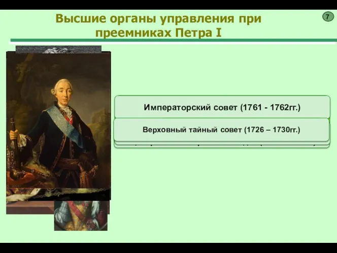 Восстановление власти Сената (с1741г.) Коллегии Конференция при высочайшем дворе (1756