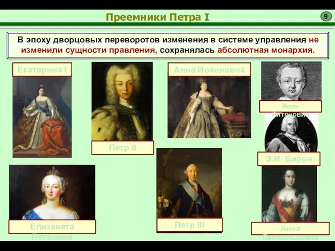 9 Екатерина I Петр II Анна Иоанновна Иван Антонович Э.И.