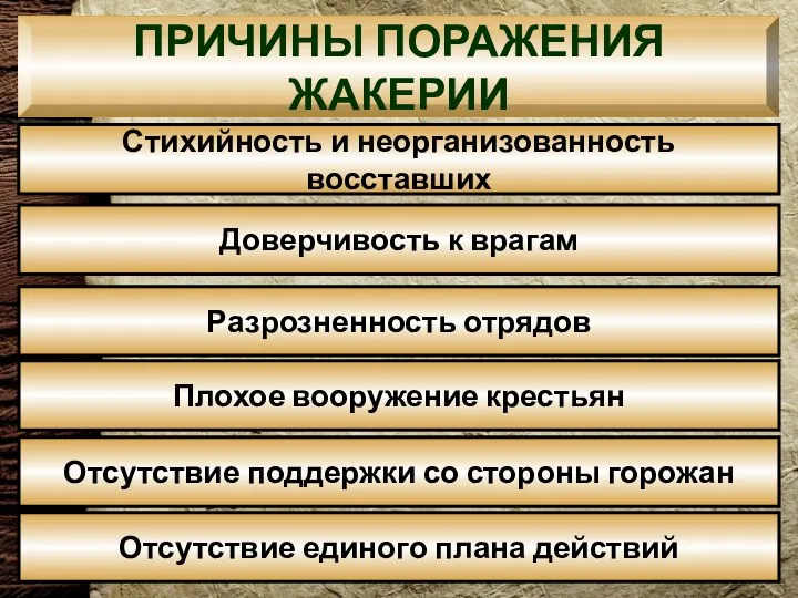 ПРИЧИНЫ ПОРАЖЕНИЯ ЖАКЕРИИ Стихийность и неорганизованность восставших Доверчивость к врагам Разрозненность отрядов Плохое