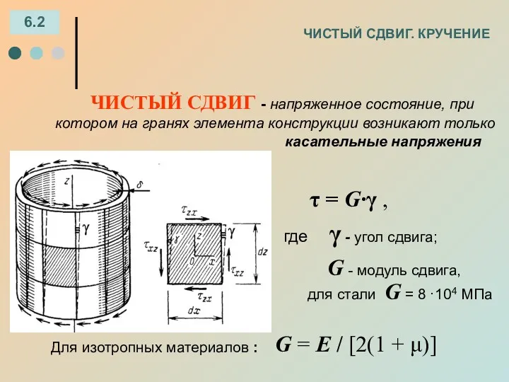 ЧИСТЫЙ СДВИГ. КРУЧЕНИЕ 6.2 ЧИСТЫЙ СДВИГ - напряженное состояние, при