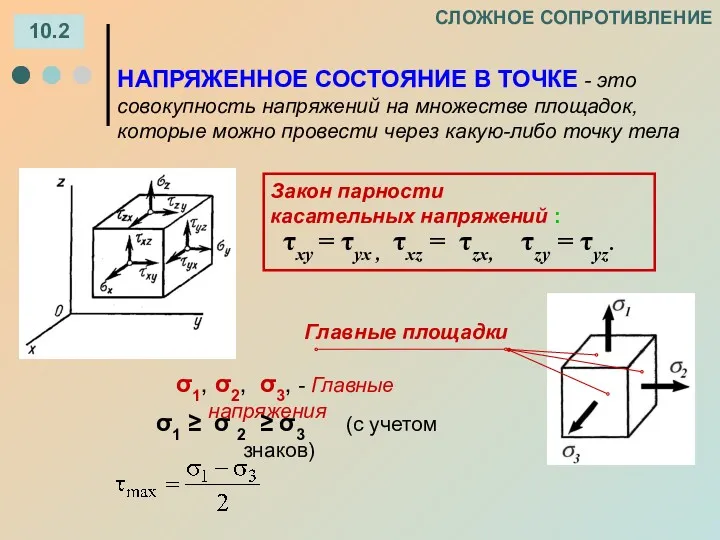 СЛОЖНОЕ СОПРОТИВЛЕНИЕ 10.2 НАПРЯЖЕННОЕ СОСТОЯНИЕ В ТОЧКЕ - это совокупность