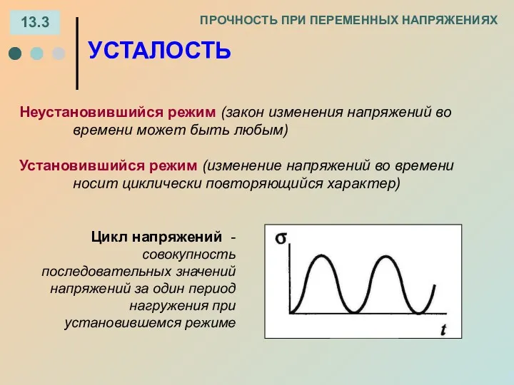 13.3 ПРОЧНОСТЬ ПРИ ПЕРЕМЕННЫХ НАПРЯЖЕНИЯХ УСТАЛОСТЬ Неустановившийся режим (закон изменения