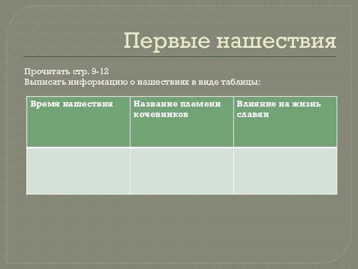 Первые нашествия Прочитать стр. 9-12 Выписать информацию о нашествиях в виде таблицы: