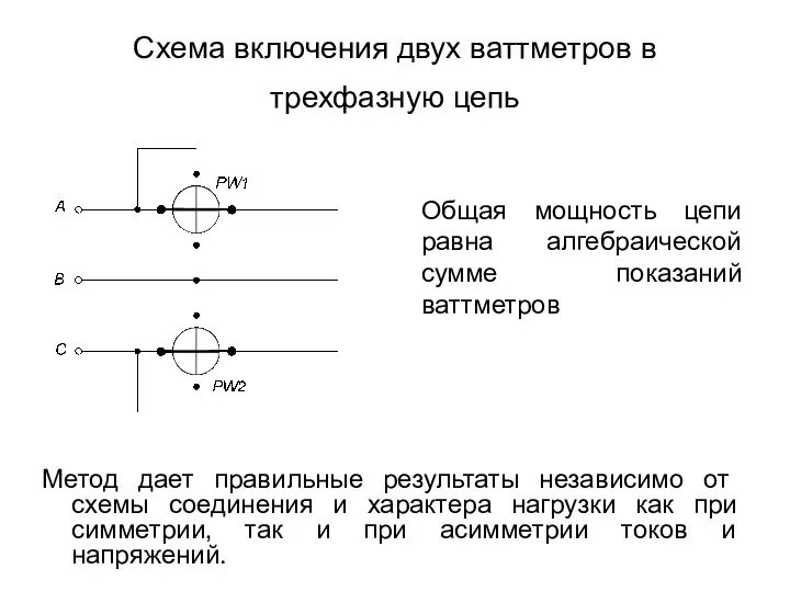 Схема включения двух ваттметров в трехфазную цепь Метод дает правильные