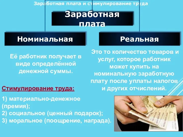 Заработная плата и стимулирование труда Её работник получает в виде