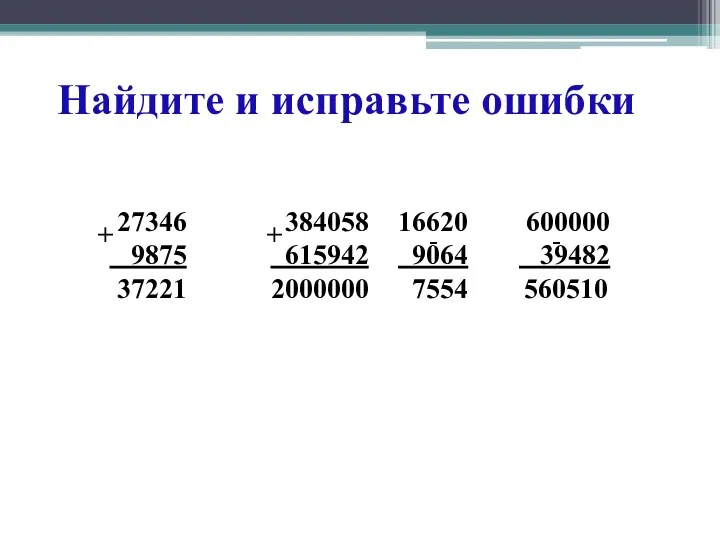 Найдите и исправьте ошибки 27346 384058 16620 600000 9875 615942 9064 39482 37221