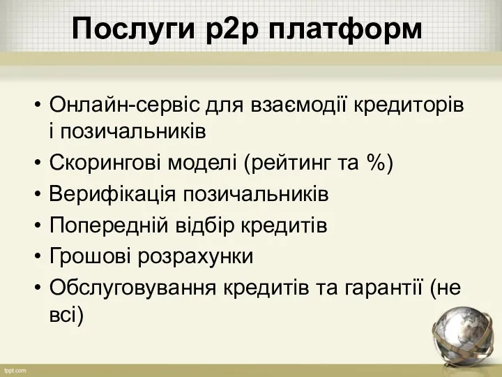 Послуги р2р платформ Онлайн-сервіс для взаємодії кредиторів і позичальників Скорингові