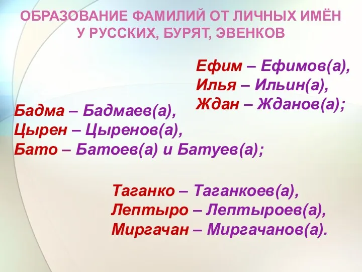 Бадма – Бадмаев(а), Цырен – Цыренов(а), Бато – Батоев(а) и