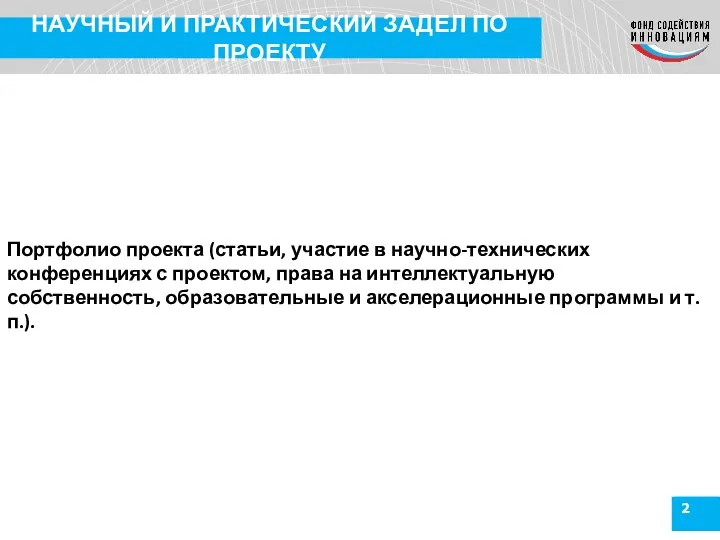 2 НАУЧНЫЙ И ПРАКТИЧЕСКИЙ ЗАДЕЛ ПО ПРОЕКТУ Портфолио проекта (статьи,