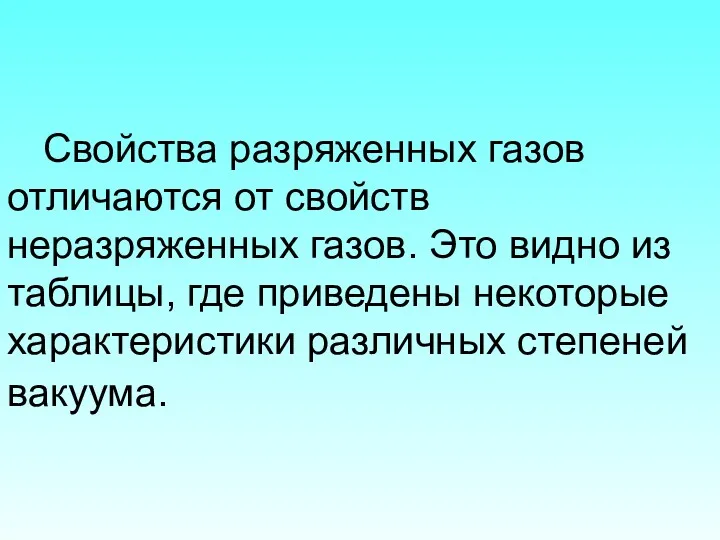 Свойства разряженных газов отличаются от свойств неразряженных газов. Это видно