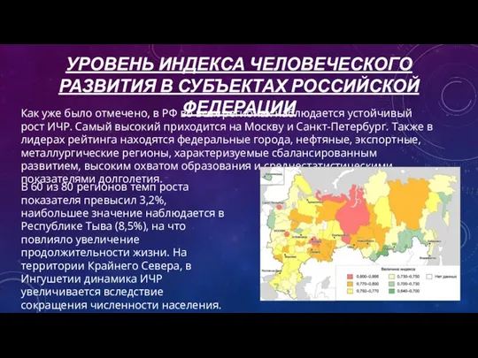 УРОВЕНЬ ИНДЕКСА ЧЕЛОВЕЧЕСКОГО РАЗВИТИЯ В СУБЪЕКТАХ РОССИЙСКОЙ ФЕДЕРАЦИИ Как уже