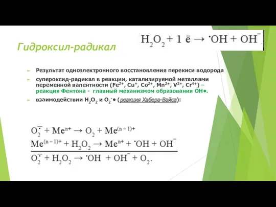 Гидроксил-радикал Результат одноэлектронного восстановления перекиси водорода супероксид-радикал в реакции, катализируемой