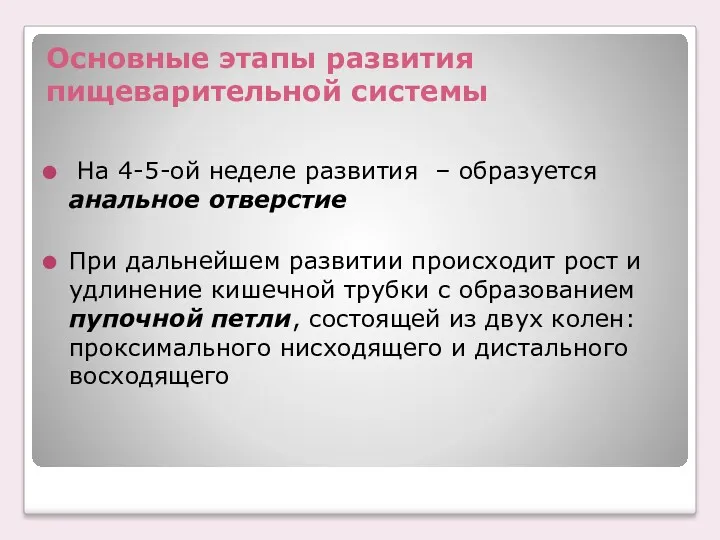 Основные этапы развития пищеварительной системы На 4-5-ой неделе развития –