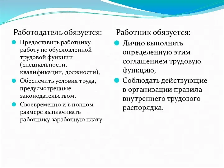 Работодатель обязуется: Предоставить работнику работу по обусловленной трудовой функции (специальности,