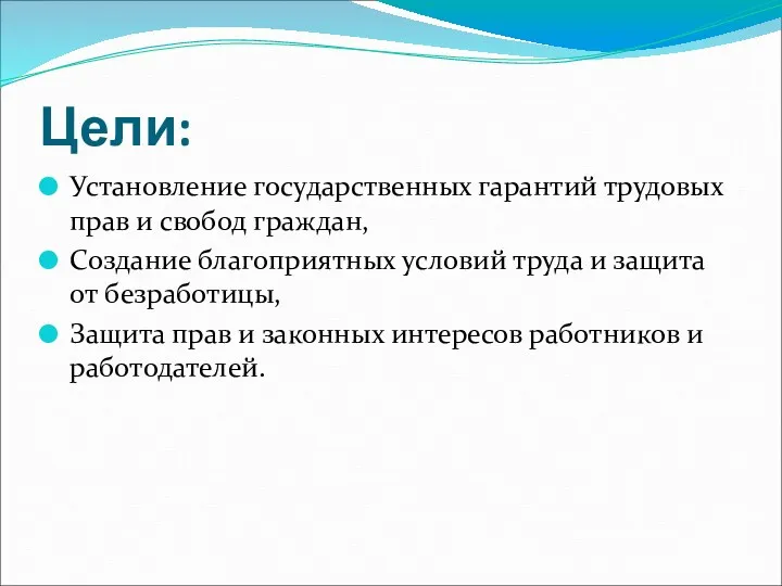 Цели: Установление государственных гарантий трудовых прав и свобод граждан, Создание