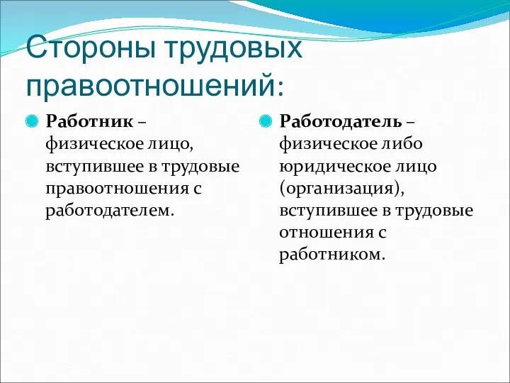 Стороны трудовых правоотношений: Работник – физическое лицо, вступившее в трудовые