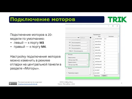 Подключение моторов Подключение моторов в 2D-модели по умолчанию: левый —