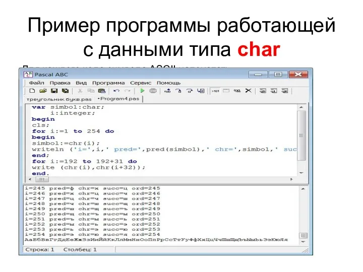 Пример программы работающей с данными типа char Для каждого кода