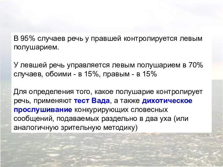 В 95% случаев речь у правшей контролируется левым полушарием. У