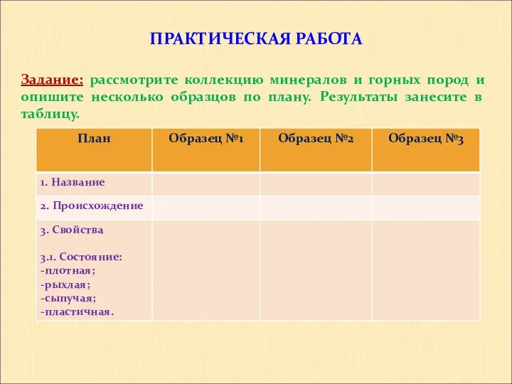 ПРАКТИЧЕСКАЯ РАБОТА Задание: рассмотрите коллекцию минералов и горных пород и