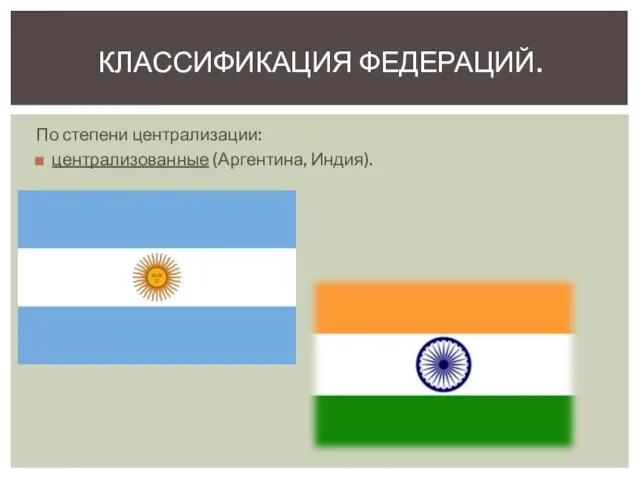 По степени централизации: централизованные (Аргентина, Индия). КЛАССИФИКАЦИЯ ФЕДЕРАЦИЙ.