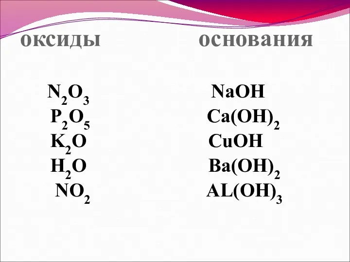оксиды основания N2O3 NaOH P2O5 Ca(OH)2 K2O CuOH H2O Ba(OH)2 NO2 AL(OН)3