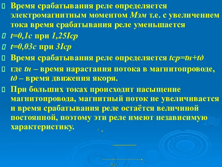 Время срабатывания реле определяется электромагнитным моментом Мэм т.е. с увеличением