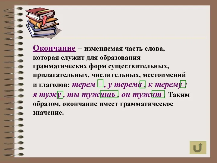 Окончание – изменяемая часть слова, которая служит для образования грамматических форм существительных, прилагательных,