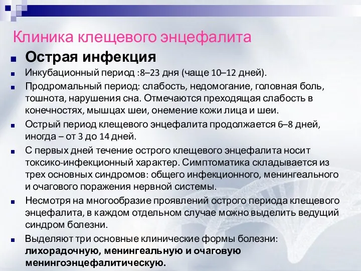 Клиника клещевого энцефалита Острая инфекция Инкубационный период :8–23 дня (чаще