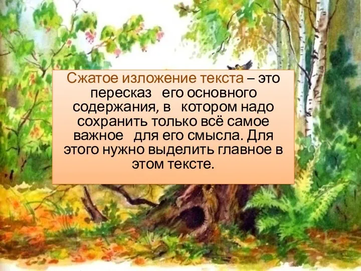 Сжатое изложение текста – это пересказ его основного содержания, в