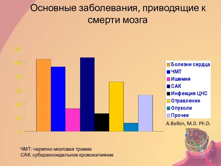 Основные заболевания, приводящие к смерти мозга A.Belkin, M.D. Ph.D. ЧМТ: черепно-мозговая травма САК: субарахноидальное кровоизлияние