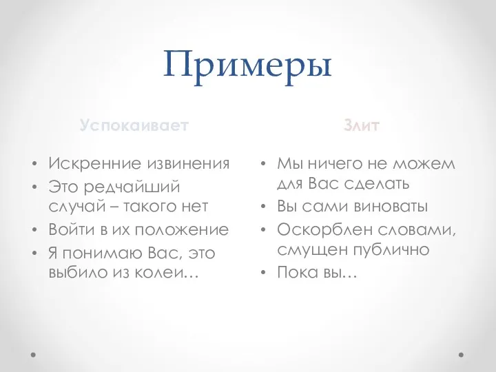 Примеры Успокаивает Злит Искренние извинения Это редчайший случай – такого